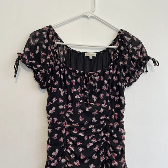 ULTRA FLIRT Black Burgundy Butterfly Print Mesh Tie Neck Y2K Ruched Mini Dress M - Picture 4 of 15